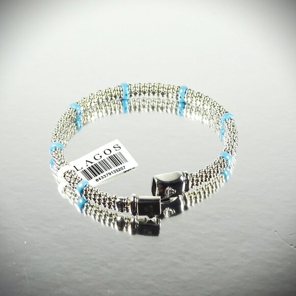 LAGOS Caviar Sterling Silver Ceramic Blue Stations Bangle Bracelet - Picture 5 of 12